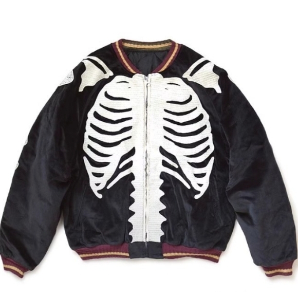 Kapital Other - Kapital Black Velvet Skeleton Bomber Jacket with White Rib Appliqué